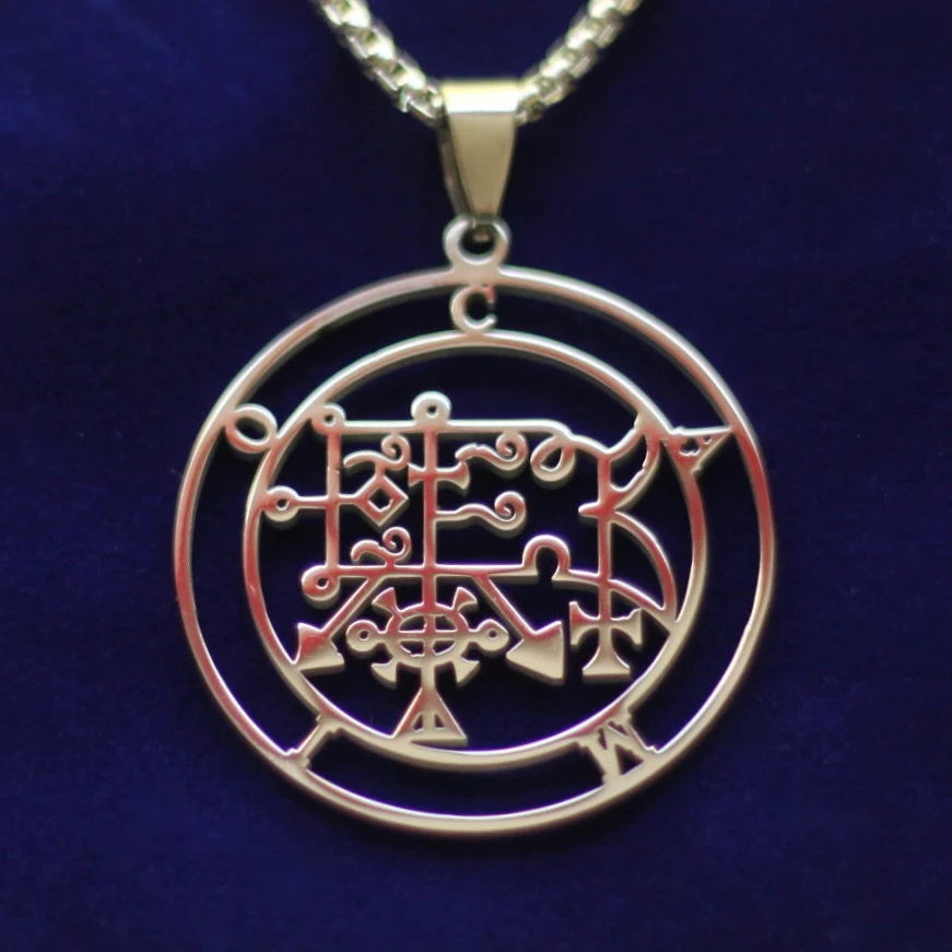 Camio Sigil Pendant Necklace, Silver Stainless Steel, Lesser Key of Solomon