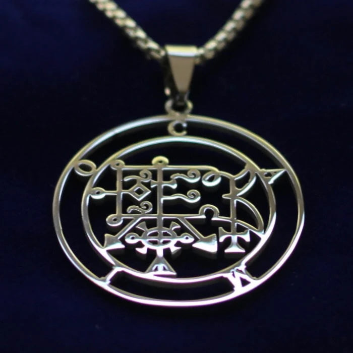 Camio Sigil Pendant Necklace, Silver Stainless Steel, Lesser Key of Solomon