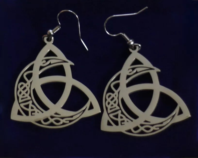 Triquetra Moon Pendant Earrings with Gift Pouch, Silver Stainless Steel