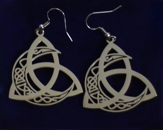 Triquetra Moon Pendant Earrings with Gift Pouch, Silver Stainless Steel