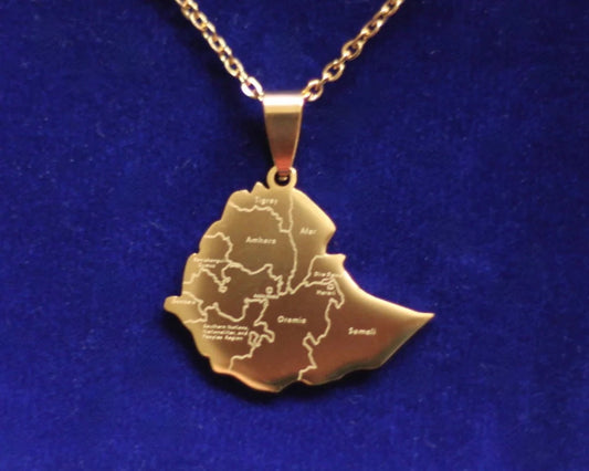 Ethiopia Map Pendant Necklace with Gift Pouch, Gold Stainless Steel