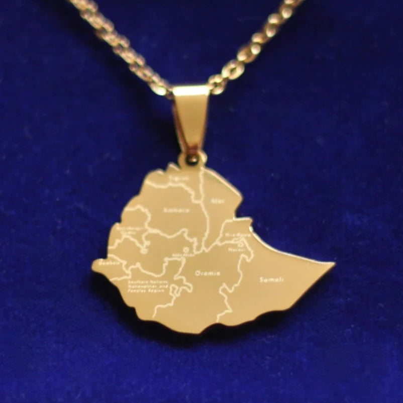 Ethiopia Map Pendant Necklace with Gift Pouch, Gold Stainless Steel