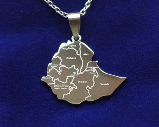 Ethiopia Map Pendant Necklace with Gift Pouch, Silver Stainless Steel