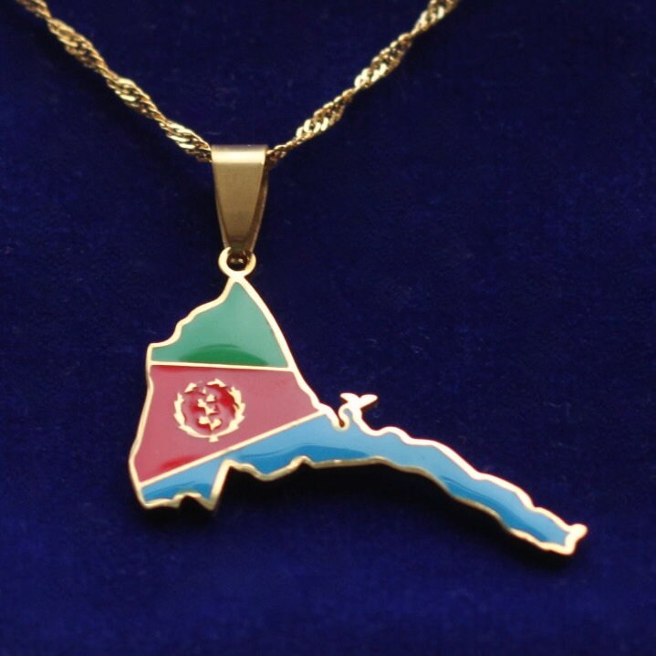 Eritrea Pendant Necklace with Gift Pouch, Gold Stainless Steel