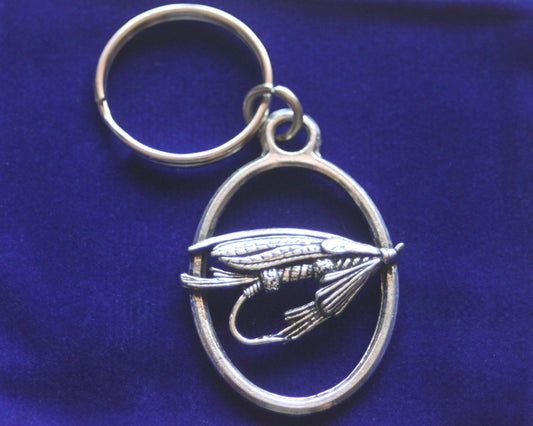 Fishing Fly Keyring with Gift Pouch, Pewter, silver metal