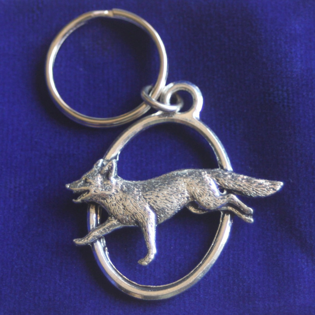 Running Fox Keyring with Gift Pouch, Pewter, silver metal