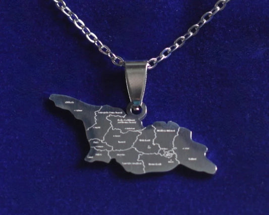 Georgia Map Pendant Necklace with Gift Pouch, Silver Stainless Steel