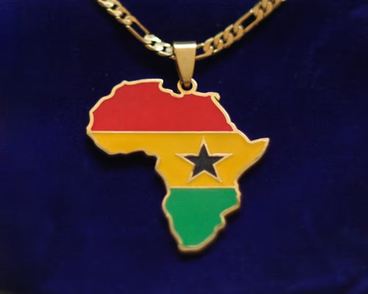 Ghana Flag Pendant Necklace with Gift Pouch, Africa Map Gold Stainless Steel