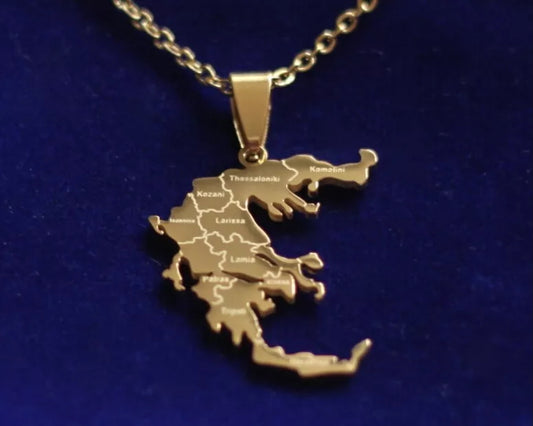 Greece Map Pendant Necklace with Gift Pouch, Gold Stainless Steel