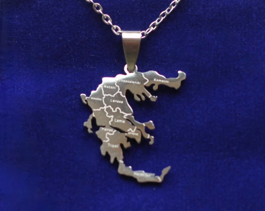 Greece Map Pendant Necklace with Gift Pouch, Silver Stainless Steel