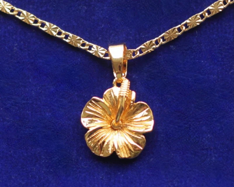 Small Hibiscus Flower Pendant Necklace with Gift Pouch, Gold Steel
