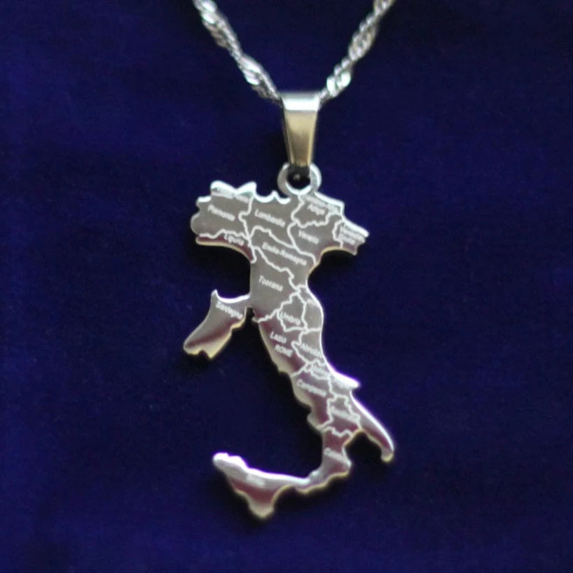 Italy Map Pendant Necklace with Gift Pouch, Silver Stainless Steel