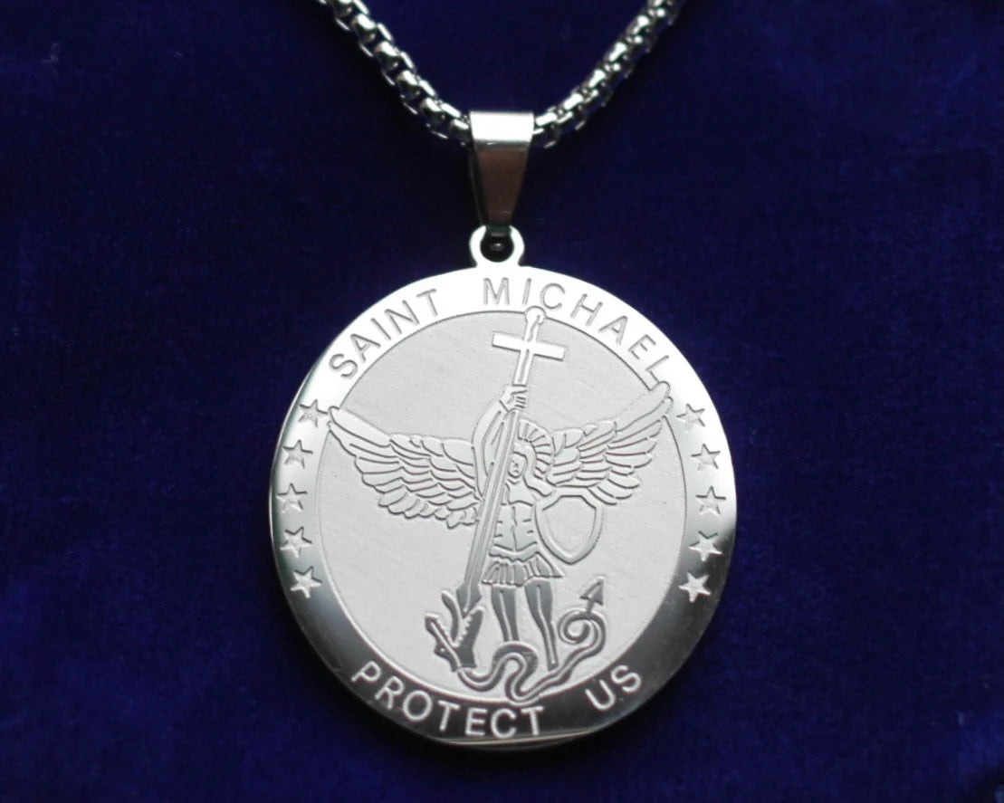 Saint Michael Protect Us Pendant Necklace with Gift Pouch, Silver Stainless Steel