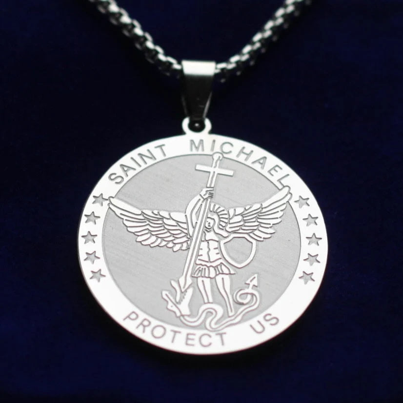 Saint Michael Protect Us Pendant Necklace with Gift Pouch, Silver Stainless Steel