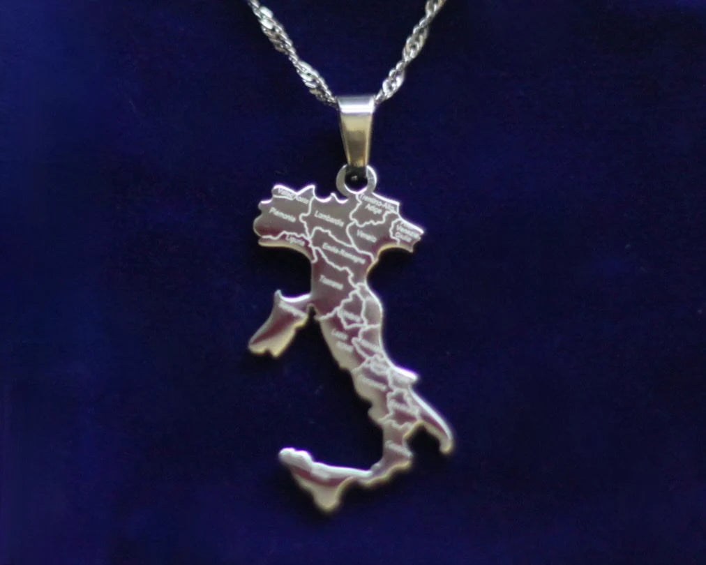 Italy Map Pendant Necklace with Gift Pouch, Silver Stainless Steel