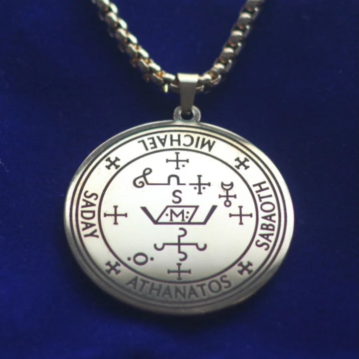 Archangel Michael Seal Pendant Necklace with Gift Pouch, Silver Stainless Steel