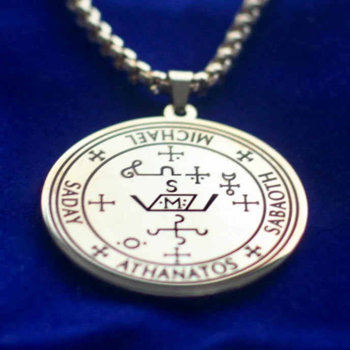 Archangel Michael Seal Pendant Necklace with Gift Pouch, Silver Stainless Steel
