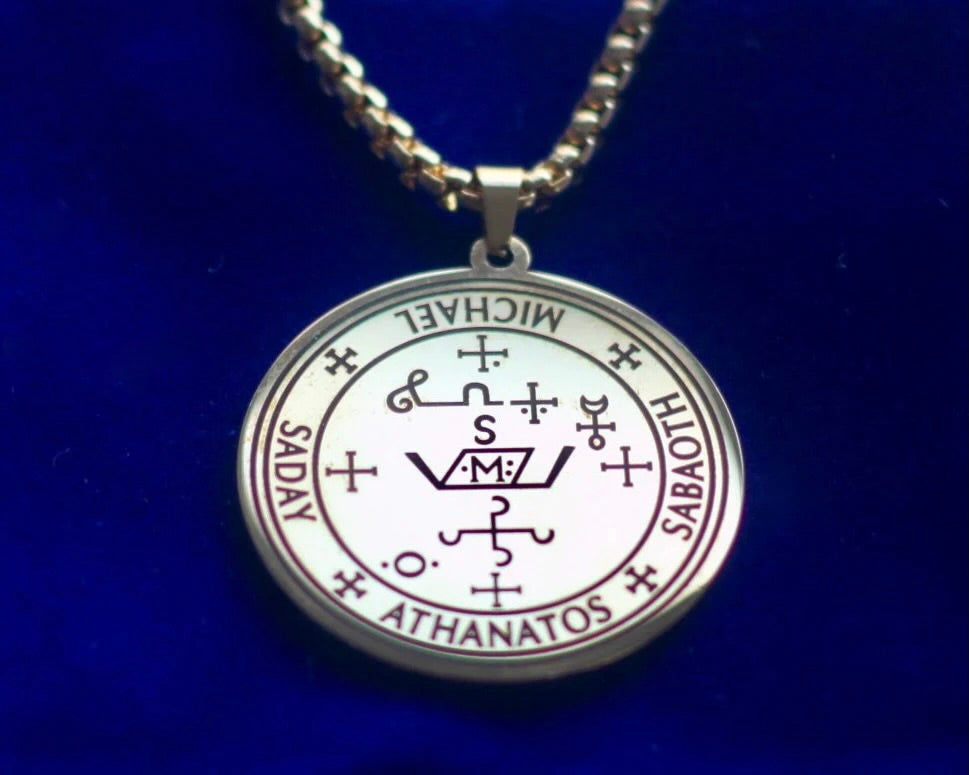 Archangel Michael Seal Pendant Necklace with Gift Pouch, Silver Stainless Steel
