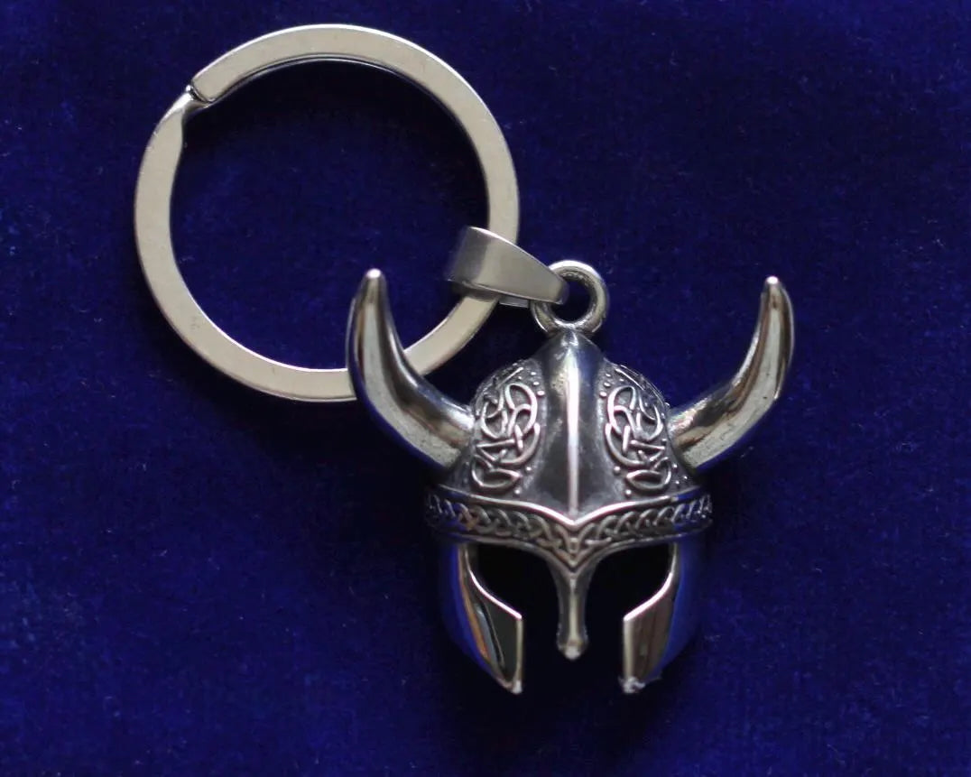 Viking Helmet Pendant Keyring with Gift Pouch, Silver Stainless Steel Keychain