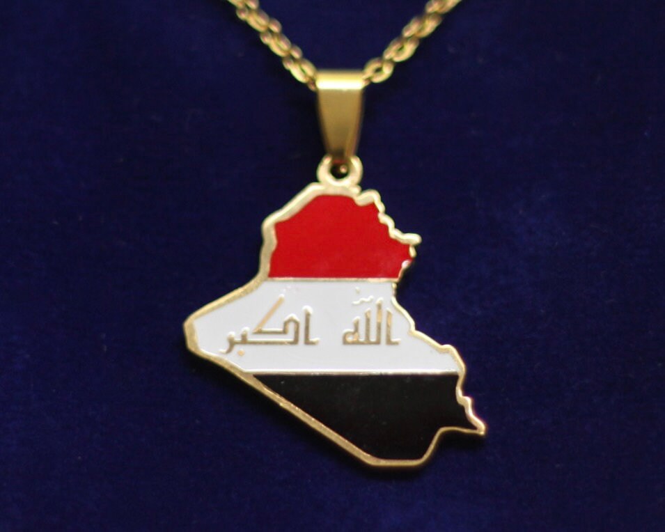 Iraq Pendant Necklace with Gift Pouch, Gold Stainless Steel