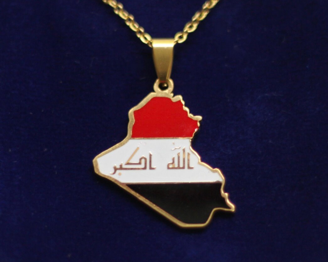 Iraq Pendant Necklace with Gift Pouch, Gold Stainless Steel