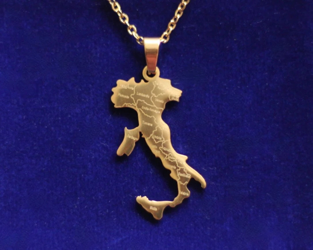 Italy Map Pendant Necklace with Gift Pouch, Gold Stainless Steel
