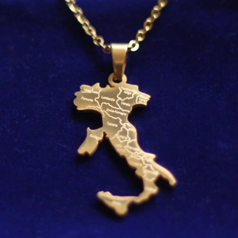 Italy Map Pendant Necklace with Gift Pouch, Gold Stainless Steel