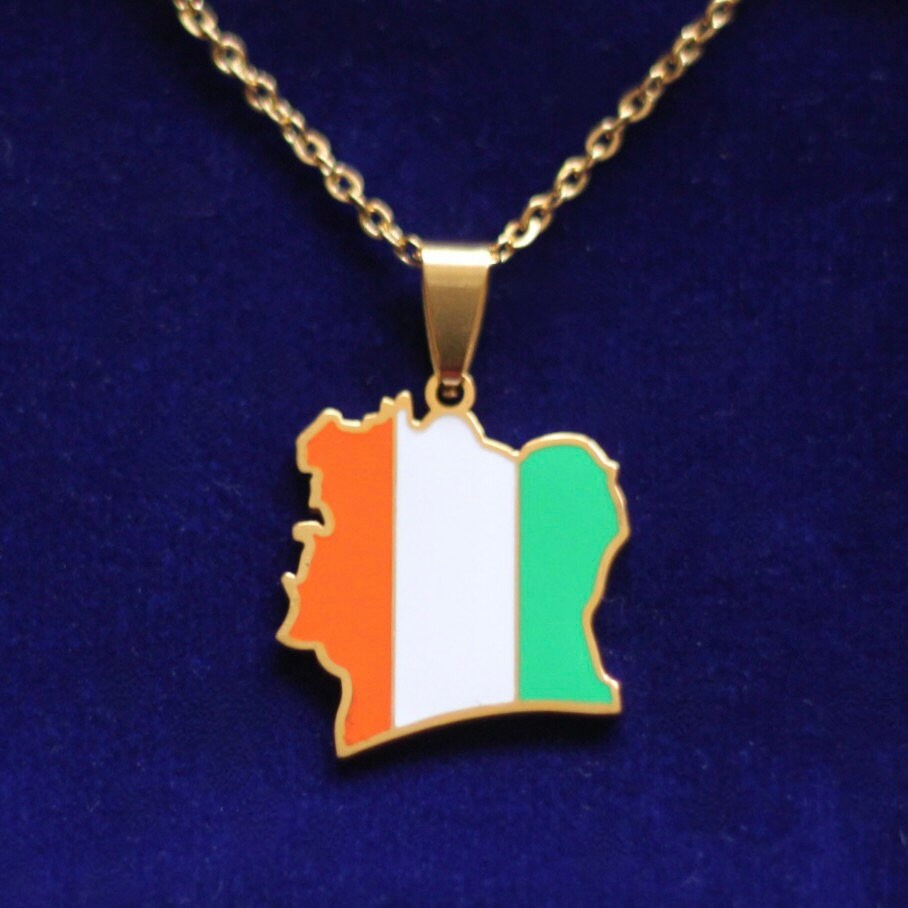Côte d'Ivoire Pendant Necklace with Gift Pouch, Gold Stainless Steel