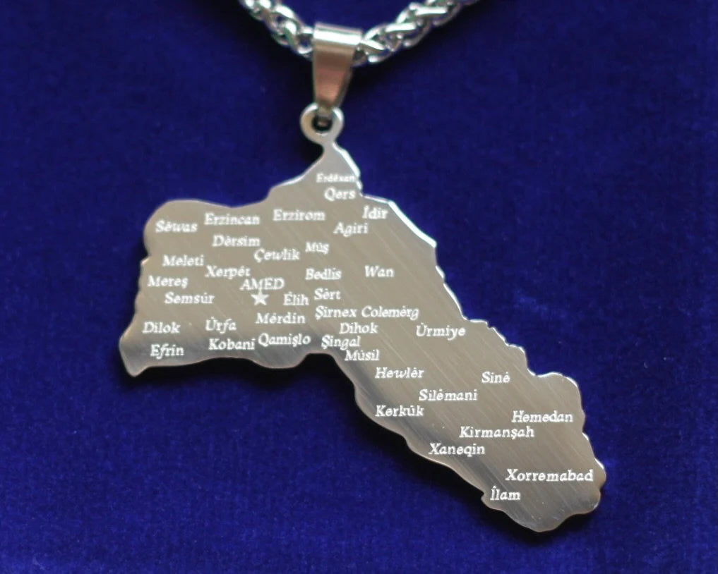 Kurdistan Map Pendant Necklace with Gift Pouch, Silver Stainless Steel