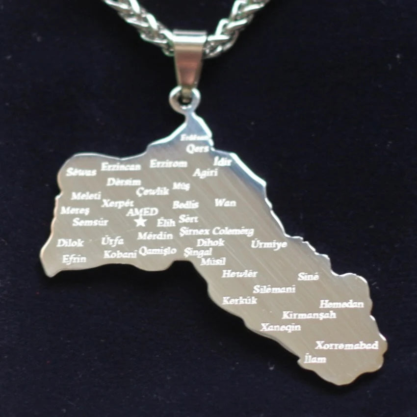 Kurdistan Map Pendant Necklace with Gift Pouch, Silver Stainless Steel