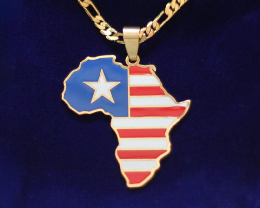 Liberia Flag Pendant Necklace with Gift Pouch, Africa Map Gold Stainless Steel