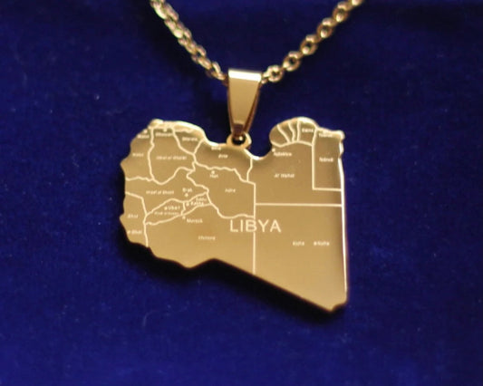 Libya Map Pendant Necklace with Gift Pouch, Gold Stainless Steel