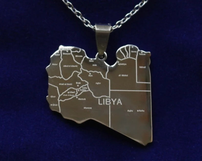 Libya Map Pendant Necklace with Gift Pouch, Silver Stainless Steel