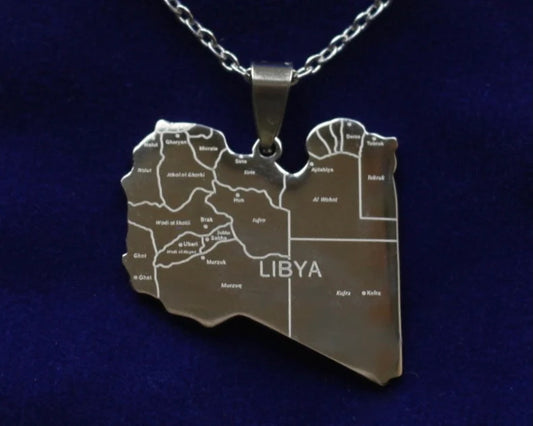 Libya Map Pendant Necklace with Gift Pouch, Silver Stainless Steel