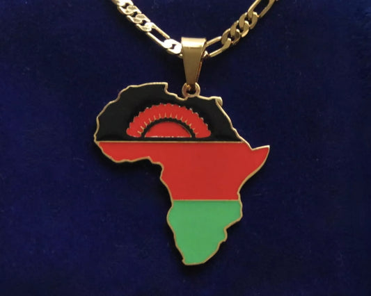 Malawi Flag Pendant Necklace with Gift Pouch, Africa Map Gold Stainless Steel