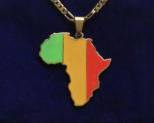 Mali Flag Pendant Necklace with Gift Pouch, Africa Map Gold Stainless Steel