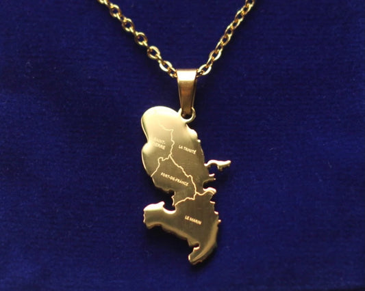 Martinique Map Pendant Necklace with Gift Pouch, Gold Stainless Steel