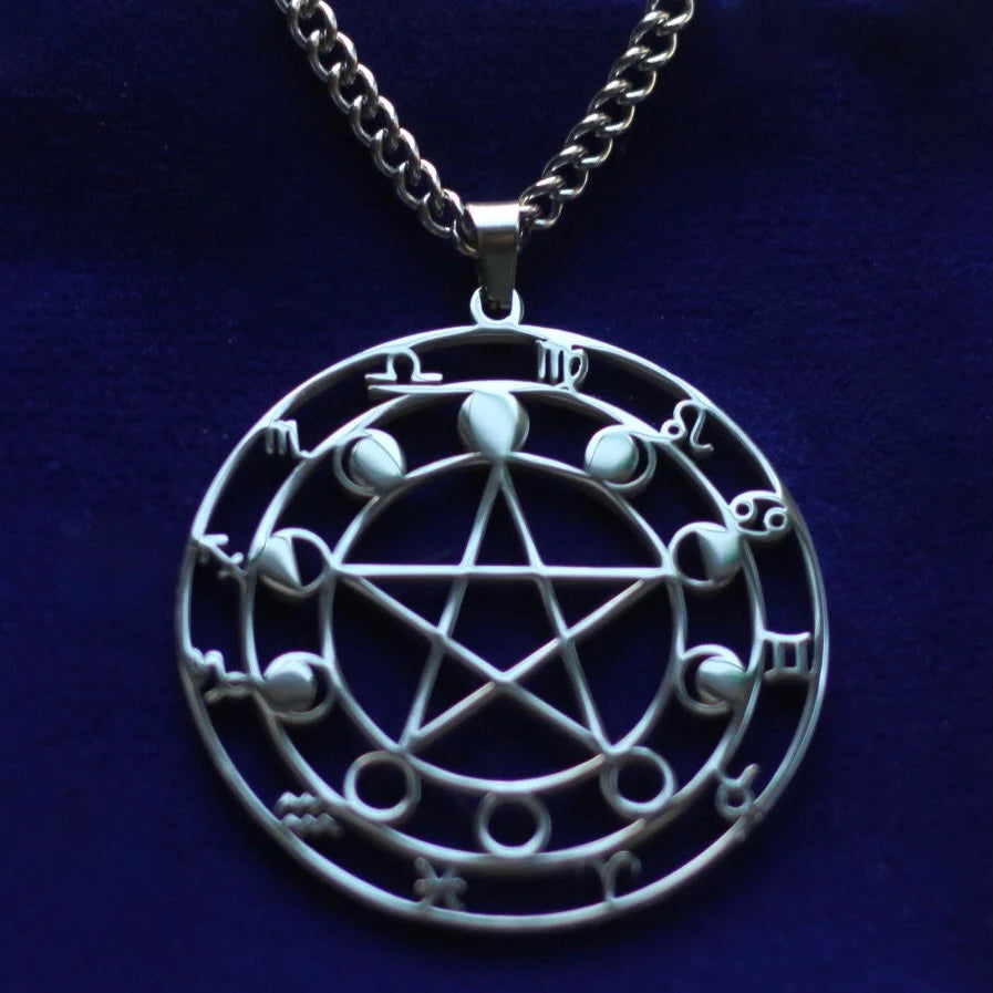 Moon Phase Pentagram Pendant Necklace with Gift Pouch, Silver Stainless Steel