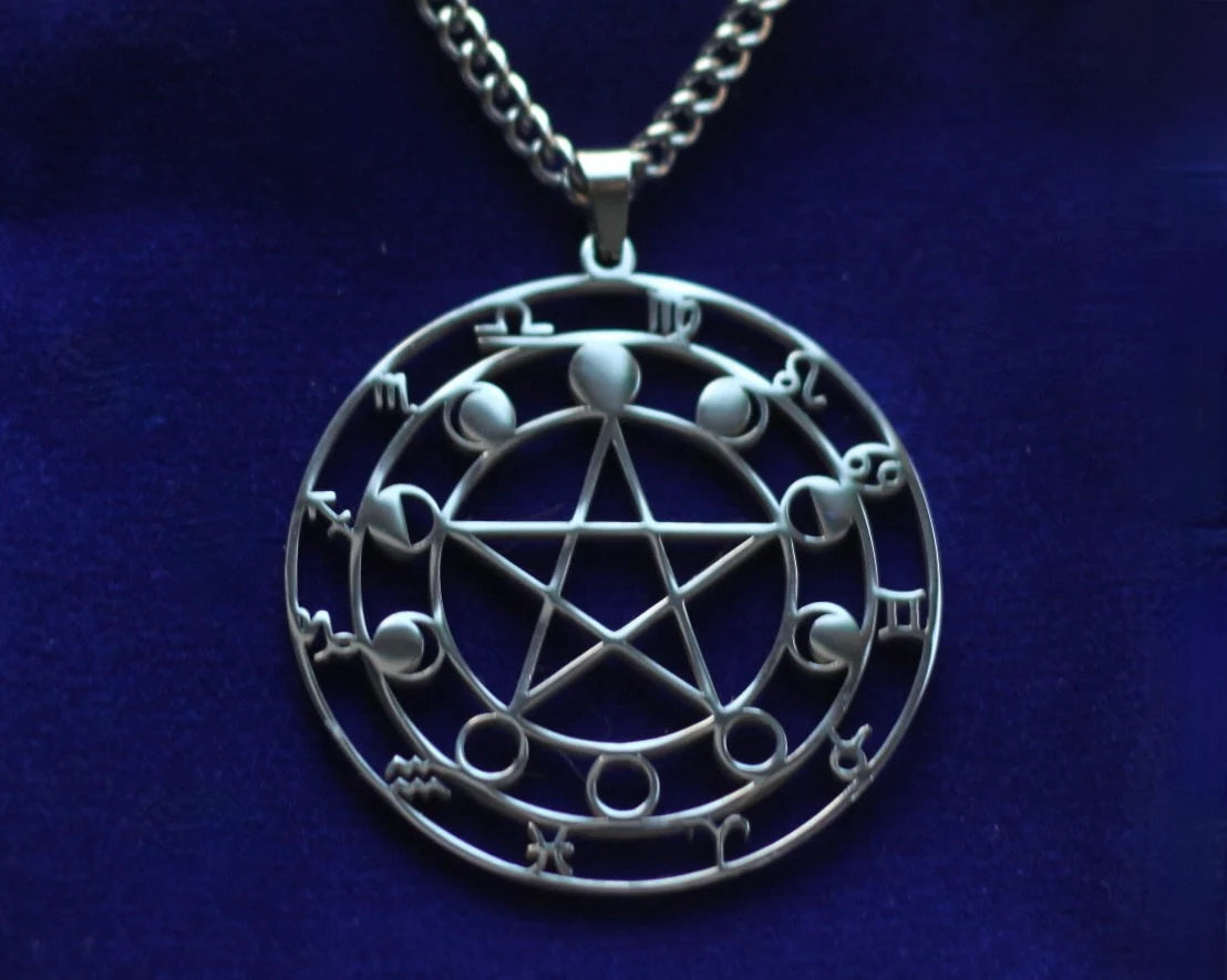 Moon Phase Pentagram Pendant Necklace with Gift Pouch, Silver Stainless Steel