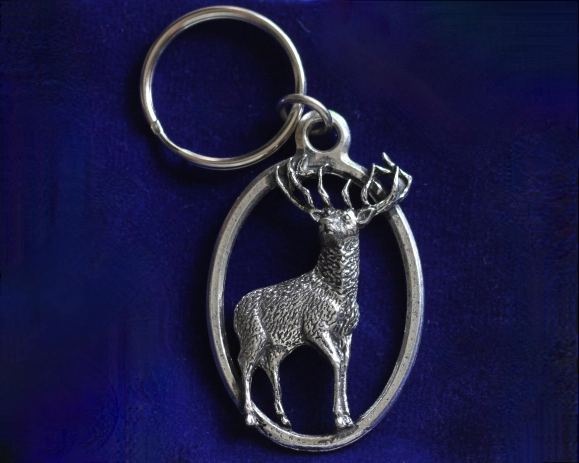 Red Deer Stag Keyring with Gift Pouch, Pewter, silver metal