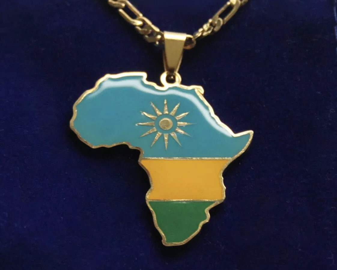 Rwanda Flag Pendant Necklace with Gift Pouch, Africa Map Gold Stainless Steel