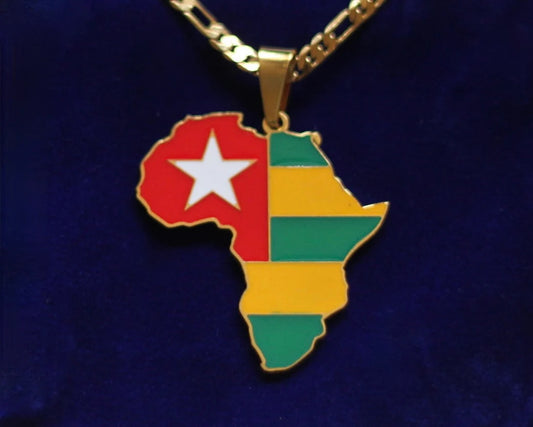 Togo Flag Pendant Necklace with Gift Pouch, Africa Map Gold Stainless Steel