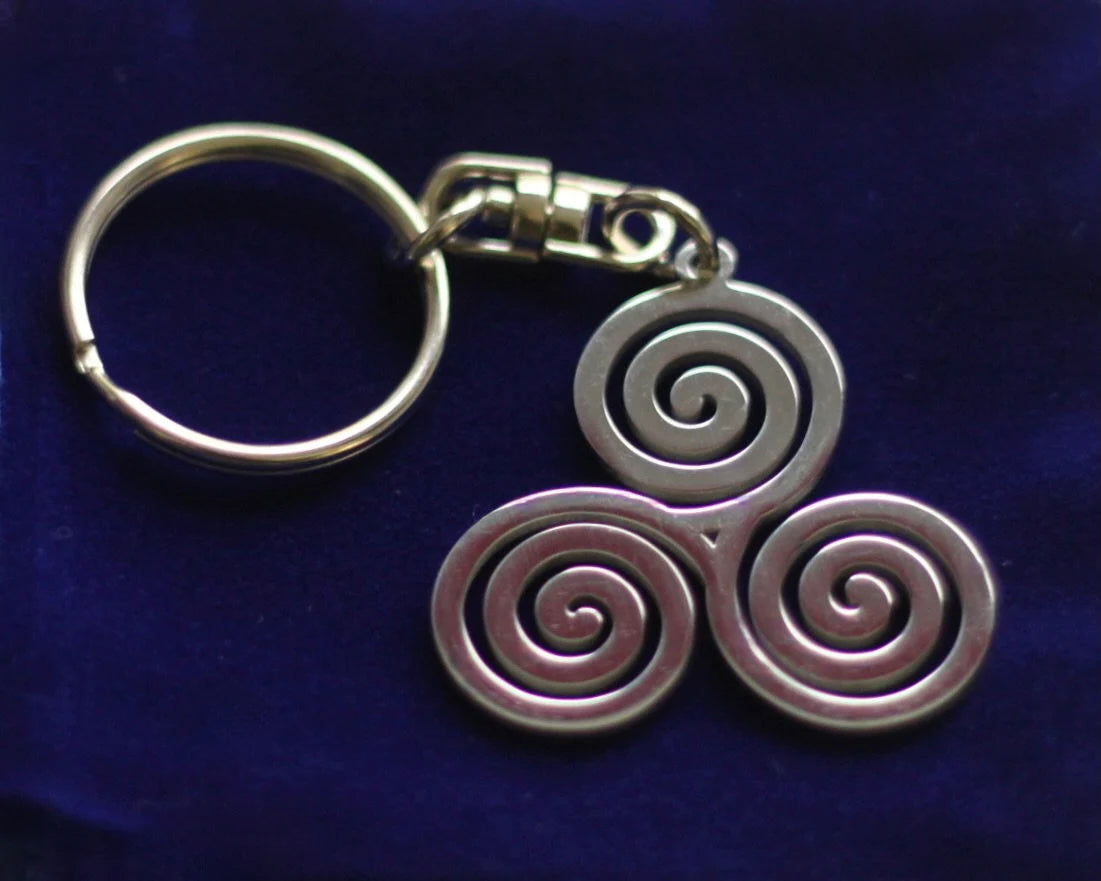 Triskele Keyring with Gift Pouch, Silver Stainless Steel