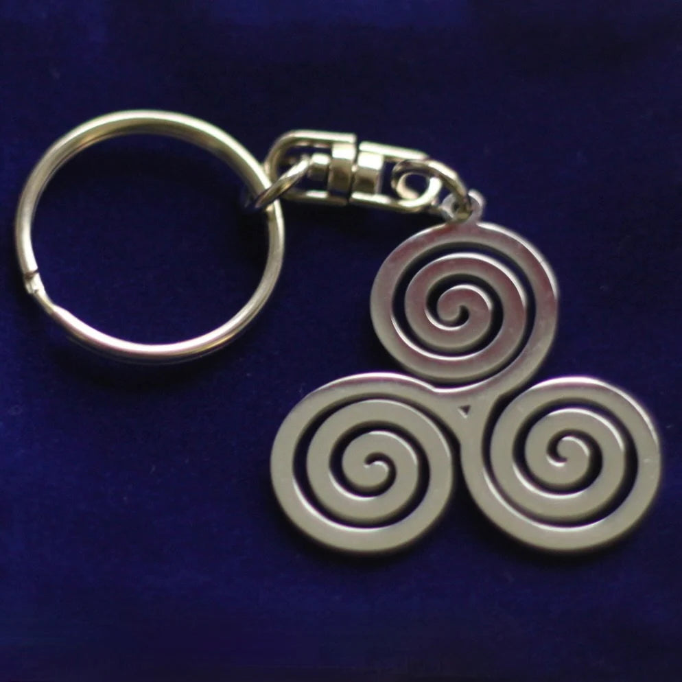 Triskele Keyring with Gift Pouch, Silver Stainless Steel