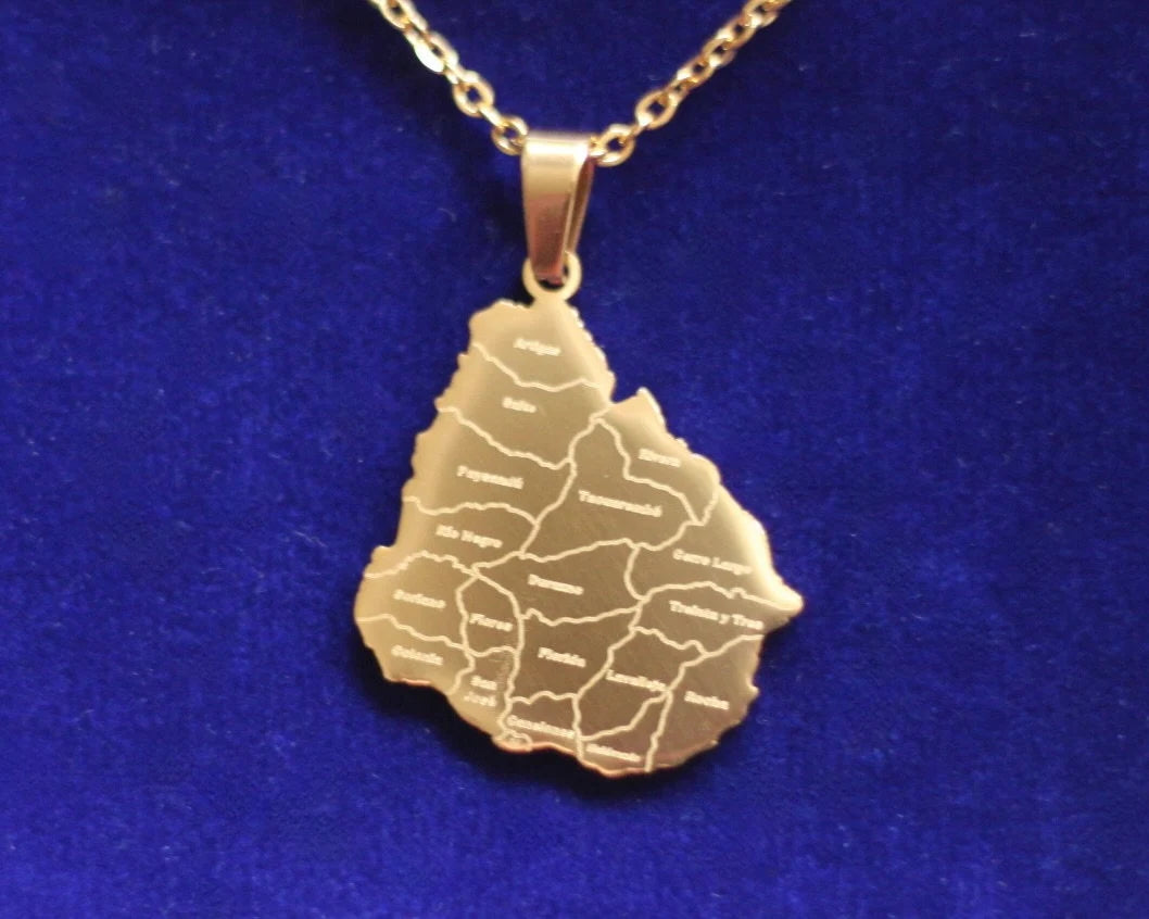 Uruguay Map Pendant Necklace with Gift Pouch, Gold Stainless Steel